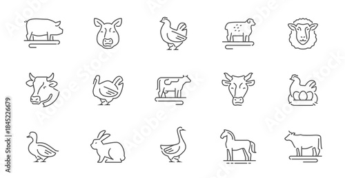Farm animals line icons set. Farming industry concept. Symbols or signs for website and packaging design