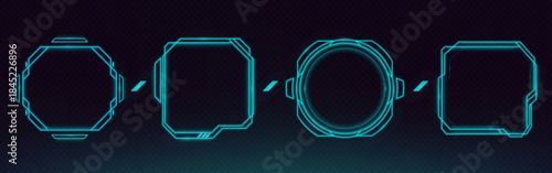 Futuristic HUD frame collection with glowing neon borders and digital interface elements. Tech game UI panels with cyberpunk screen bars, holographic boxes and sci fi frames on dark background.