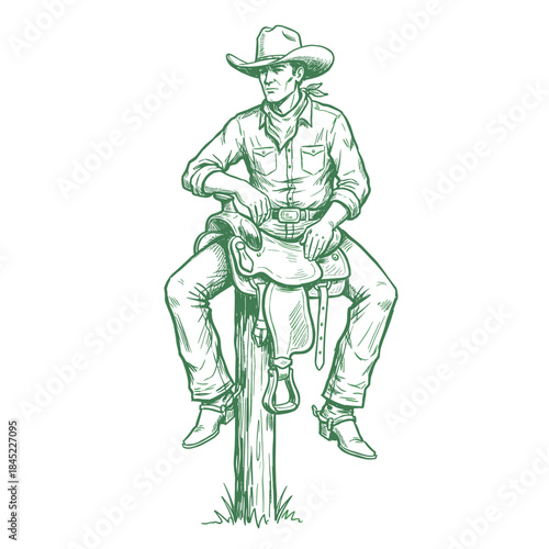 Cowboy resting sketch.Hand drawn western rider.Vintage rancher illustration.Engraving style cowboy art.Man sitting on a saddle post