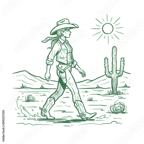 Cowgirl Walking Desert Sketch.Western Woman Line Art.Retro Cowgirl Illustration.Wild West Desert Trek.Monoline Style Ranger