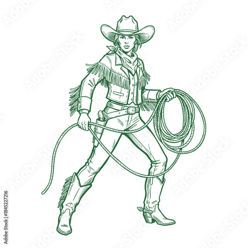 Cowgirl with Lasso Line Art.Vintage Western Woman Sketch.Rodeo Girl Vector Illustration.Hand Drawn Cowgirl Character.Wild West Woman Outline