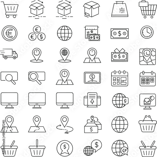 Ecommerce and online business outline icon set featuring shopping carts, payments, delivery, global sales, and digital commerce symbols