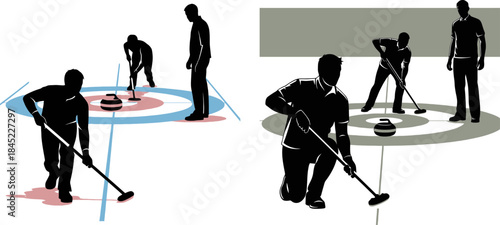 Vector illustration of a black silhouette artist at work with brushes and palette, featuring a person in a winter sport setting with golf and ski elements for fun art