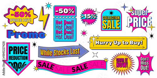 Y2k sale sticker set with retro shop badges - vibrant discount labels, hot deal banners and promo shapes in neon colors. Vintage vector patch collection of stars and arrows by nostalgic 2000s style.