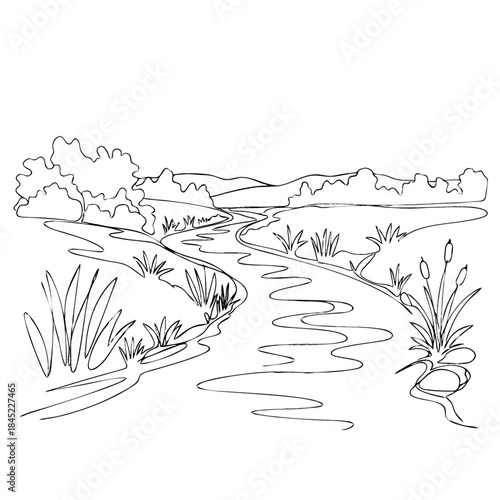 Serene River Landscape: A tranquil illustration depicts a winding river flowing through a lush landscape, inviting viewers to explore the calmness of nature.
