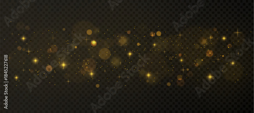 Gold dust particles with glowing bokeh light effects on dark transparent background. Festive golden confetti and shimmering stars with magical atmosphere, warm xmas flare and sparkle elements.