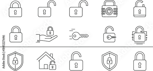 Lock and security outline icon set featuring padlocks, keys, home protection, access control, and safety symbols