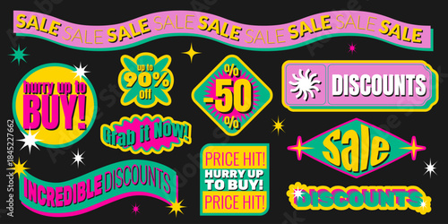 Colorful y2k sale stickers pack isolated on black background. Vector illustration of psychedelic vintage shop badges with discount promo offers, abstract shape best price tags, trendy shopping labels
