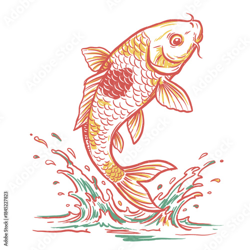 Jumping Koi Fish Sketch.Vintage Carp Illustration.Lucky Japanese Koi Art.Retro Fish Jumping Logo.Hand Drawn Water Splashing