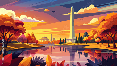 Very beautiful golden hour sunset illuminating Washington Monument and Tidal Basin, vibrant autumn foliage, reflective water surface, warm seasonal colors, and serene vector illustration atmosphere.