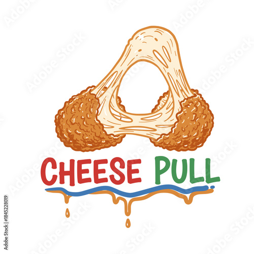 Cheese Pull Food Illustration Logo.Melty Fried Mozzarella Graphic.Stretched Cheesy Snack Emblem.Delicious Fast Food Badge Art.Hand Drawn Appetizer Vec
