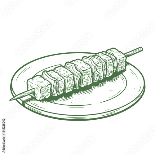 Kebab on plate sketch.Grilled meat skewer art.Hand drawn souvlaki vector.Vintage BBQ food drawing.Monochrome grill graphic