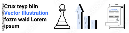 Business planning, investment strategies, financial growth, decision-making, contracts, strategy. Features a chess pawn, rising bar chart and signed contract. Business planning and investment