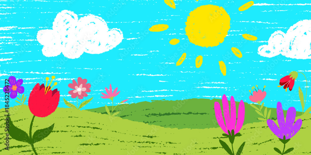 Fototapeta premium Crayon garden hand drawn by kid. Vector realistic illustration of color chalk flowers, green lawn, bright sun and clouds in blue sky, child pastel landscape, happy childhood background, summer nature