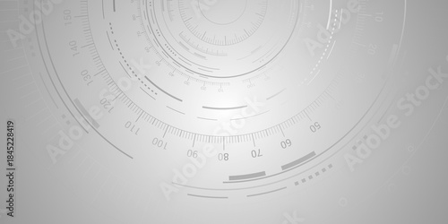 Abstract tech background. Monochrome digital interface with concentric rings and data indicators. Abstract background for tech, AI or data analysis concepts. Copy space