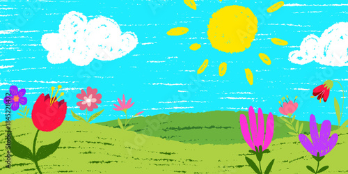 Crayon garden hand drawn by kid. Vector realistic illustration of color chalk flowers, green lawn, bright sun and clouds in blue sky, child pastel landscape, happy childhood background, summer nature