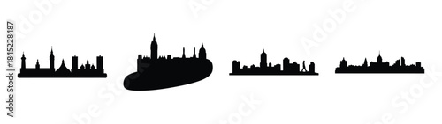 Four distinct city skyline silhouettes on white background