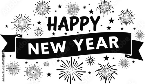 Happy New Year Celebration with Fireworks Display and Festive Banner