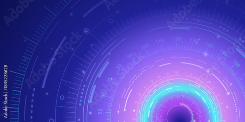 Abstract futuristic gradient background with glowing circular HUD elements in purple and cyan. For tech presentations, NFT art or gaming UI.