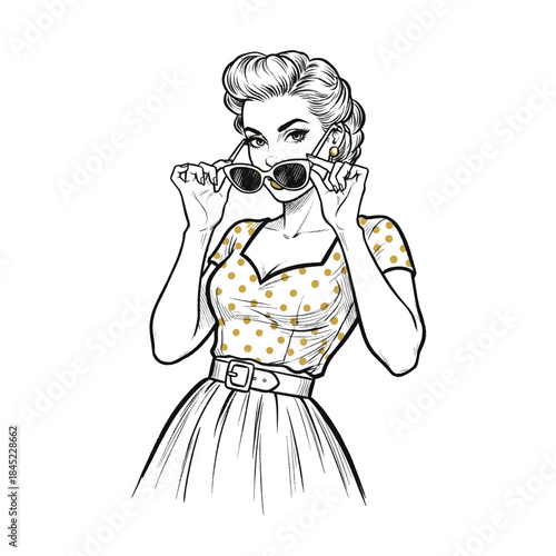 Retro Pin Up Girl with Shades.Vintage Woman Line Art.Pop Art Diva Drawing.Sunglasses Girl Sketch.Classic Fashion Beauty