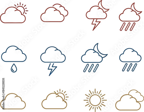 Clean and modern outline weather icons set and atmospheric conditions such as sunny, cloudy, rainy, stormy, and moon phases for user interface design and web graphics