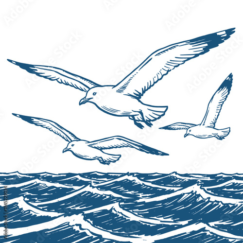 Flying Seagulls Sketch.Vintage Ocean Waves Art.Marine Birds Hand Drawn.Nautical Etching Style.Sea Gulls Above Water