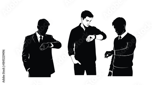Three men in different professional attire checking their wristwatches against a stark white background illustrating time management concepts