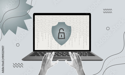 Vector halftone collage showing hands typing on a laptop with cyber security shield symbol, concept of data protection, cyber insurance, secure remote work and digital privacy from online threats