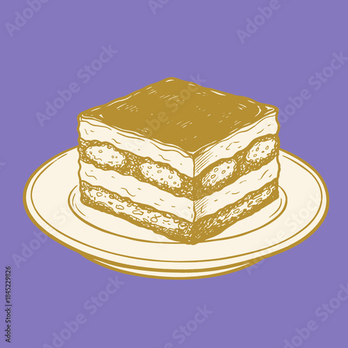 Vintage Tiramisu Dessert Slice.Hand Drawn Layered Cake.Italian Sweet Food Sketch.Engraving Style Pastry Art.Retro Bakery Menu Item