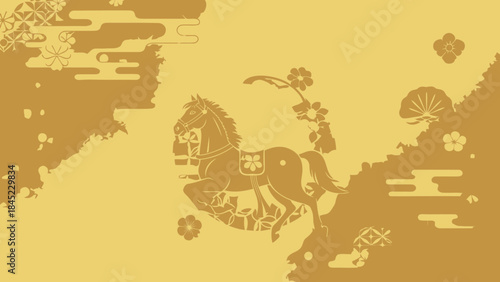 Golden horse illustration with traditional Japanese patterns elegant design for New Year and cultura