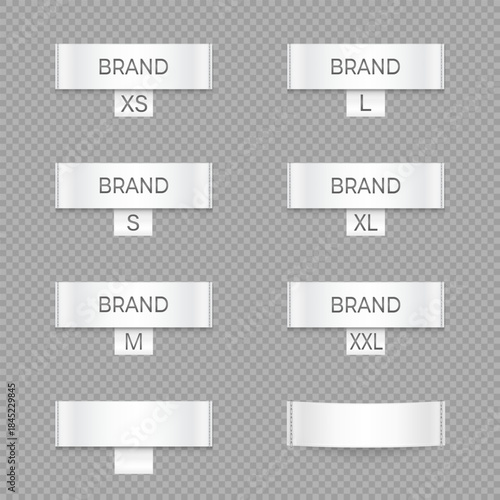 Vector collection of white clothing size labels XS S M L XL XXL on transparent background, minimalistic set of textile clothing labels for clothing production, branding and fashion design.