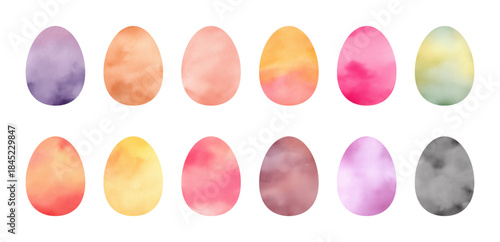 Vector collection of watercolor Easter eggs in soft pastel colors, hand painted style decorative egg set isolated on transparent background for spring holiday designs
