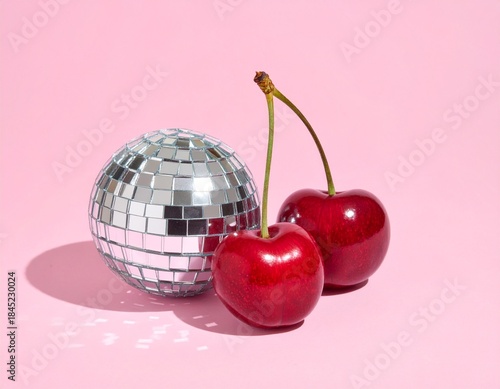 Minimalist summer party composition, juicy cherries and a disco ball, retro nostalgia
