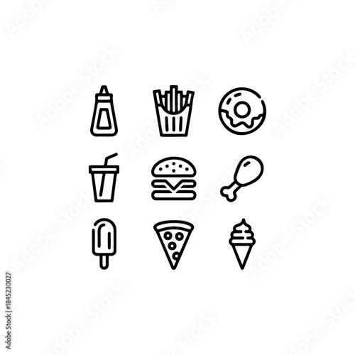 A set of nine bold black and white outline vector icons representing popular fast food items like a burger, fries, pizza slice, donut, and soft serve ice cream.