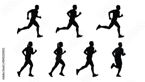 Collection of diverse male and female runner silhouettes in various dynamic jogging and sprinting poses for fitness graphics