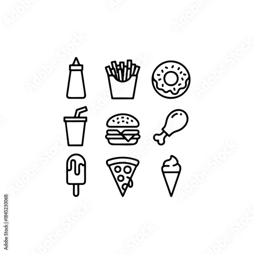 A set of nine bold black and white outline vector icons representing popular fast food items like a burger, fries, pizza slice, donut, and soft serve ice cream.