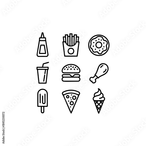 A set of nine bold black and white outline vector icons representing popular fast food items like a burger, fries, pizza slice, donut, and soft serve ice cream.