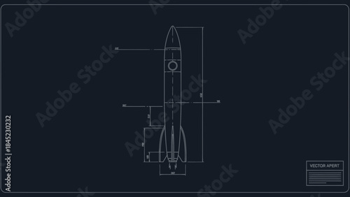 Rocket blueprint technical drawing of spacecraft with dimensions engineering schematic for space exp