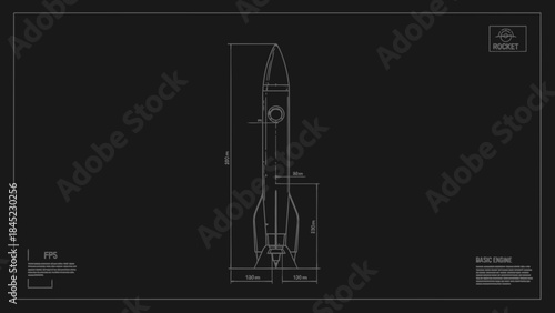 Rocket blueprint technical drawing with dimensions vector illustration for space exploration and sci