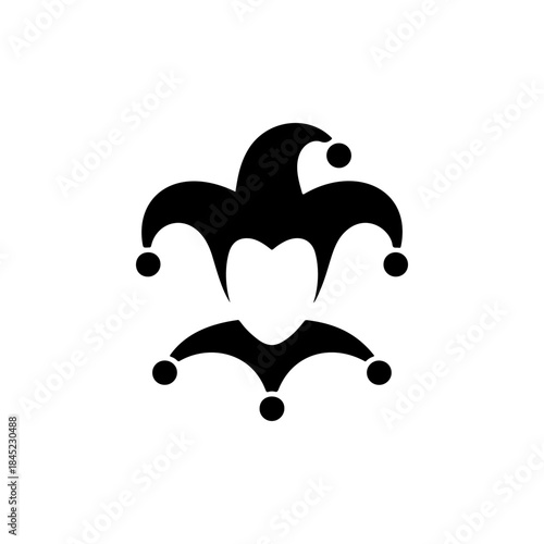 A laughing joker or court jester face with a traditional hat and bells, rendered in a bold black and white vector style, ideal for gaming or entertainment.