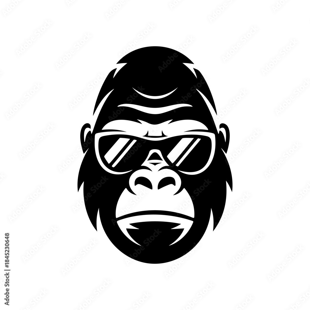 Fototapeta premium A cool, bold black and white vector logo of a gorilla or monkey's face wearing sunglasses, ideal for a contemporary brand, music label, or trendy apparel design.