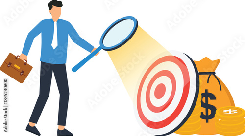 Businessman with magnifying glass analyzing financial target. Business strategy for profit and investment opportunity. Market research for goal achievement and financial success.