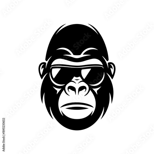 A cool, bold black and white vector logo of a gorilla or monkey's face wearing sunglasses, ideal for a contemporary brand, music label, or trendy apparel design.