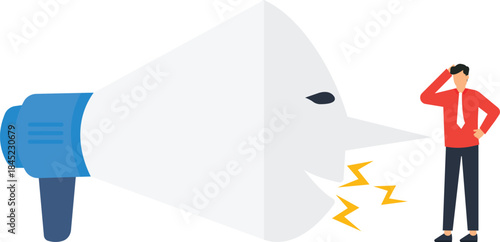 Misinformation concept with megaphone mask shouting at confused businessman. Fake news, verbal abuse, false advertising, business conflict, employee stress, manipulation, negative feedback.