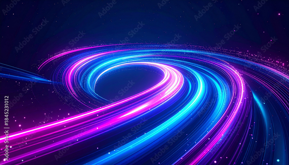 Obraz premium 楕円形に広がるネオンカラーの光の軌跡と星屑