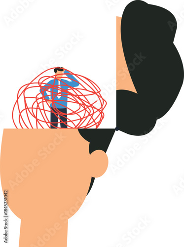 Mental health concept of a confused man inside an open head with tangled thoughts representing anxiety disorder emotional stress psychological problem inner chaos mental block and burnout