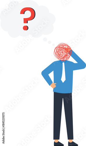Confused businessman with tangled thoughts and question mark, business problem solving, mental health stress, anxiety concept, corporate challenge, decision making dilemma