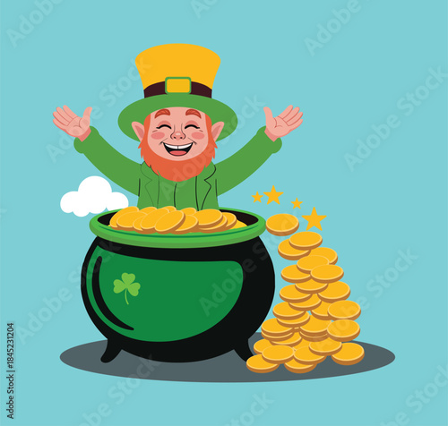 Happy cartoon leprechaun with big smile celebrating St Patricks Day with an overflowing pot of gold coins