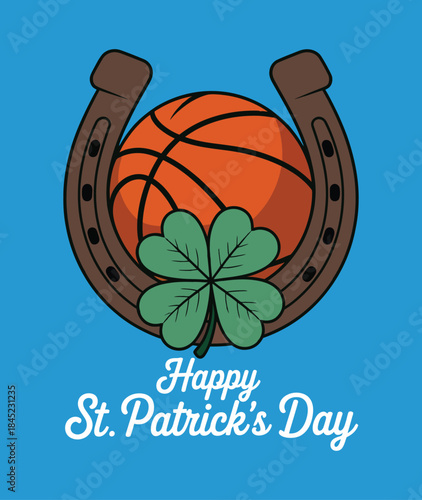 Happy StPatricks Day basketball horseshoe and clover design on a bright blue background