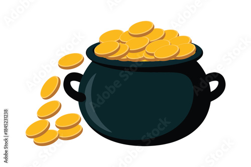 Pot of gold vector illustration with numerous golden coins spilling from a dark cauldron symbolizing wealth and prosperity